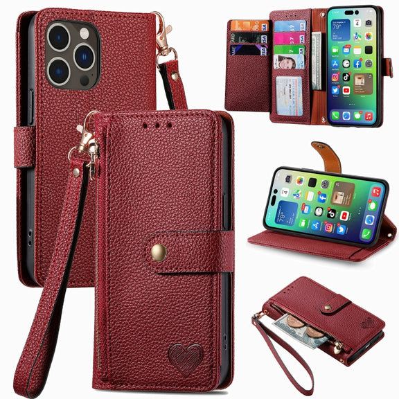 For iPhone 16 Pro Max Love Zipper Lanyard Leather Phone Case(Red)