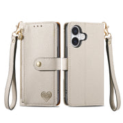 For iPhone 16 Pro Max Love Zipper Lanyard Leather Phone Case(Gray)