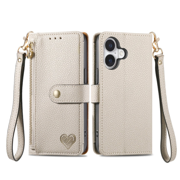 For iPhone 16 Pro Max Love Zipper Lanyard Leather Phone Case(Gray)