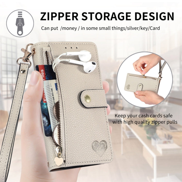 For iPhone 16 Pro Max Love Zipper Lanyard Leather Phone Case(Gray)