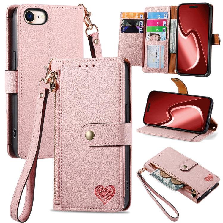 For iPhone 16e Love Zipper Lanyard Leather Phone Case(Pink) - iPhone 16e Cases by PMC TechLife | Online Shopping South Africa | PMC TechLife | Buy Now Pay Later Mobicred