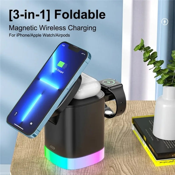 T15 3 in 1 Magnetic Magsafe Wireless Charger Folding Charging Stand For iPhone / iWatch / AirPods(Black)
