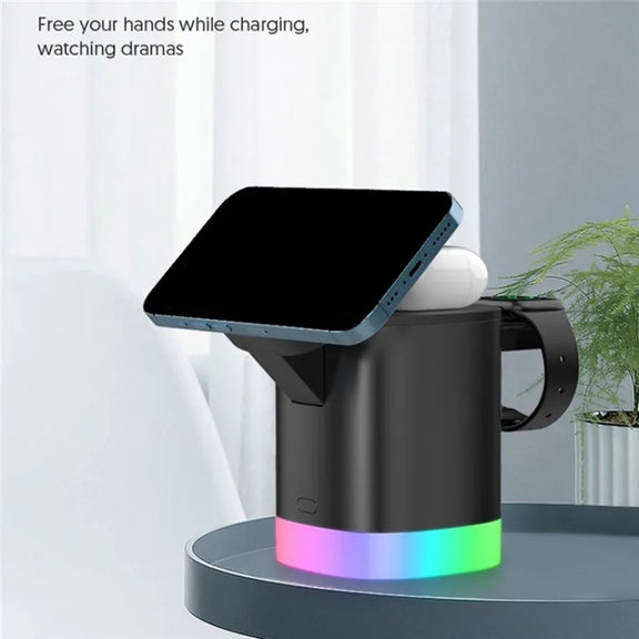 T15 3 in 1 Magnetic Magsafe Wireless Charger Folding Charging Stand For iPhone / iWatch / AirPods(Black)