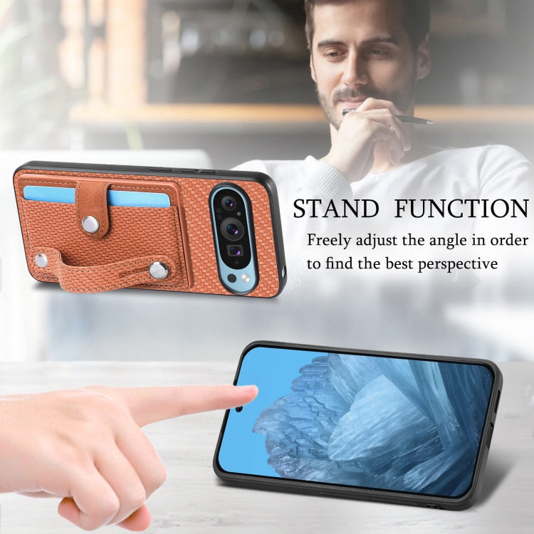 For Google Pixel 9 Wristband Kickstand Card Wallet Back Cover Phone Case with Tool Knife(Brown)
