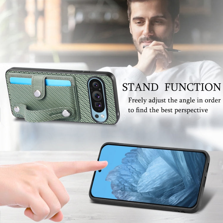 For Google Pixel 9 Wristband Kickstand Card Wallet Back Cover Phone Case with Tool Knife(Green)