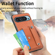 For Google Pixel 9 Pro Wristband Kickstand Card Wallet Back Cover Phone Case with Tool Knife(Brown)