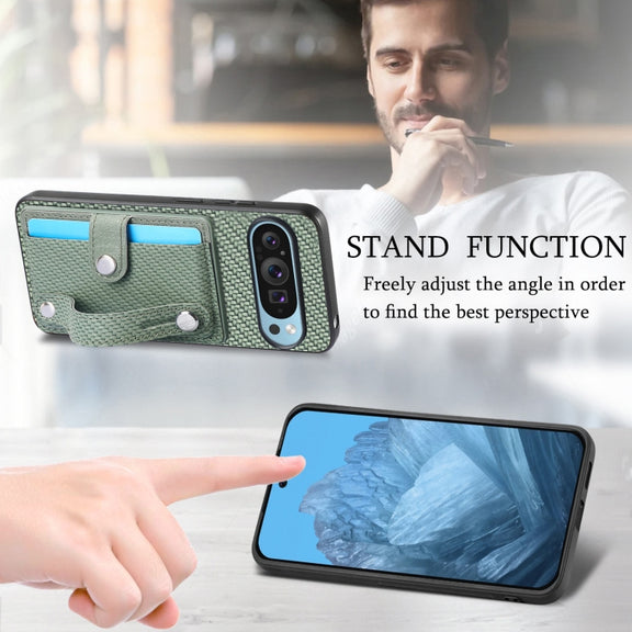 For Google Pixel 9 Pro Wristband Kickstand Card Wallet Back Cover Phone Case with Tool Knife(Green)