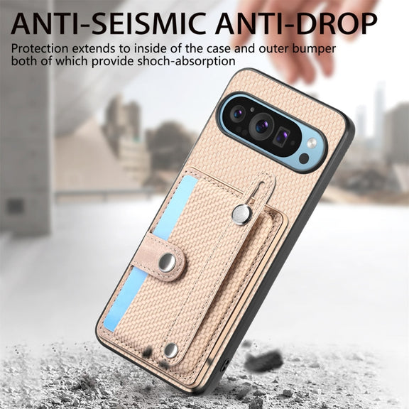 For Google Pixel 9 Pro Wristband Kickstand Card Wallet Back Cover Phone Case with Tool Knife(Khaki)