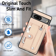 For Google Pixel 9 Wristband Kickstand Card Wallet Back Cover Phone Case with Tool Knife(Blue)
