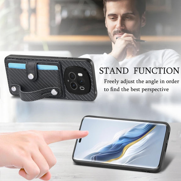 For Honor Magic6 Pro 5G Wristband Kickstand Card Wallet Back Cover Phone Case with Tool Knife(Black)