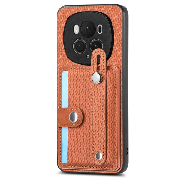 For Honor Magic6 Pro 5G Wristband Kickstand Card Wallet Back Cover Phone Case with Tool Knife(Brown)