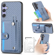 For Samsung Galaxy S25 Ultra 5G Wristband Kickstand Wallet Back Phone Case with Tool Knife(Blue)