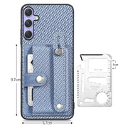 For Samsung Galaxy S25 Ultra 5G Wristband Kickstand Wallet Back Phone Case with Tool Knife(Blue)