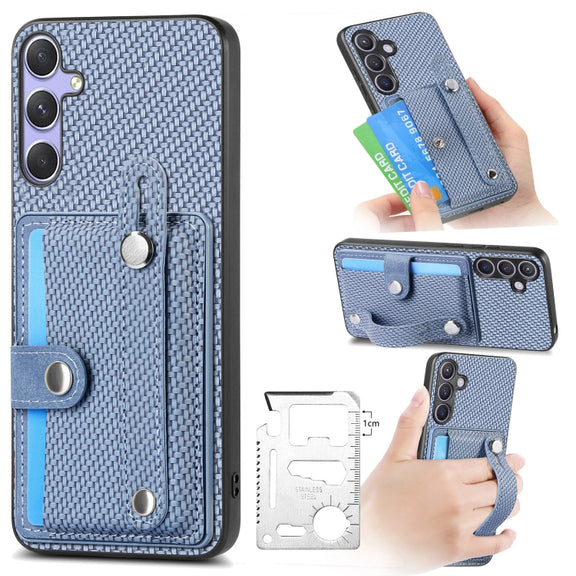 For Samsung Galaxy S25 Ultra 5G Wristband Kickstand Wallet Back Phone Case with Tool Knife(Blue)