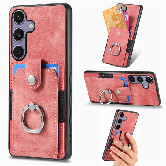 For Samsung Galaxy S25 5G Retro Skin-feel Ring Card Wallet Phone Case(Pink)