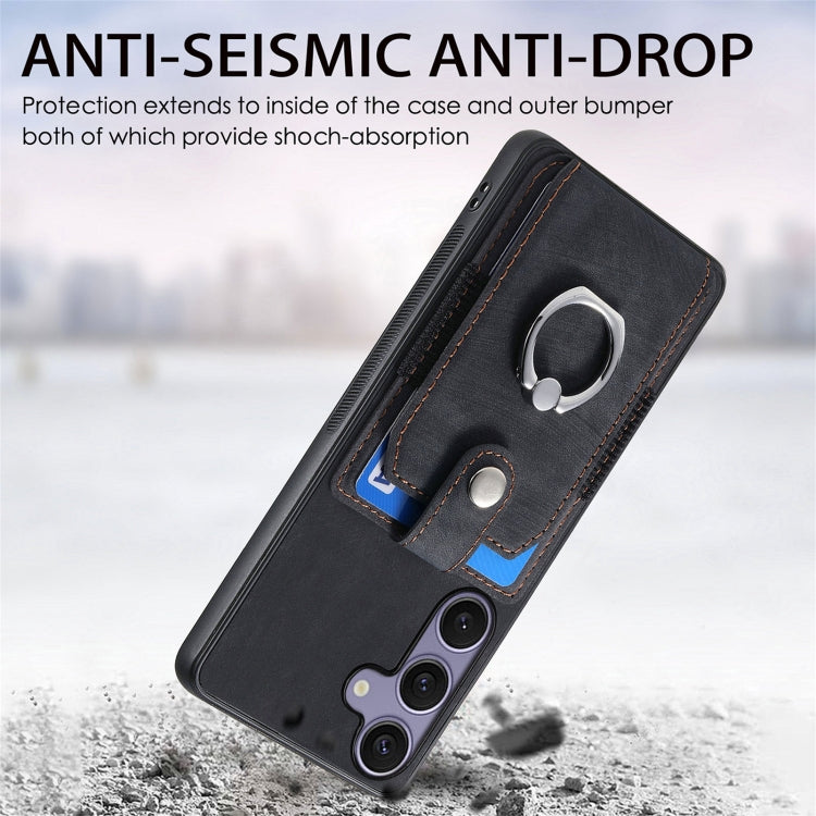 For Samsung Galaxy S25 5G Retro Skin-feel Ring Card Wallet Phone Case(Black)