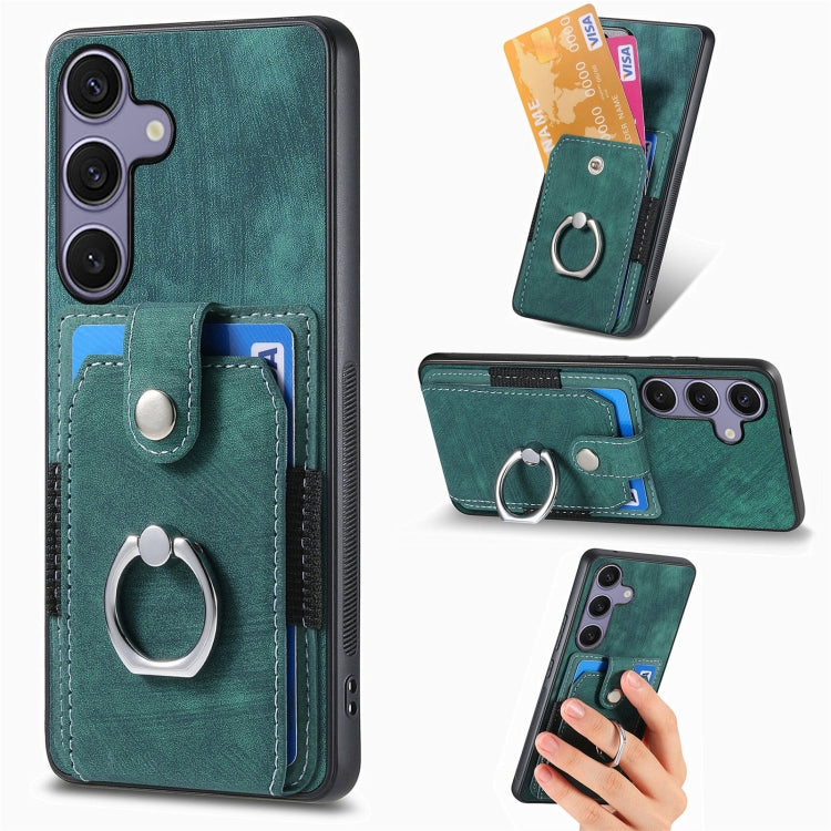 For Samsung Galaxy S25 5G Retro Skin-feel Ring Card Wallet Phone Case(Green) - Galaxy S25 5G Cases by PMC TechLife | Online Shopping South Africa | PMC TechLife | Buy Now Pay Later Mobicred