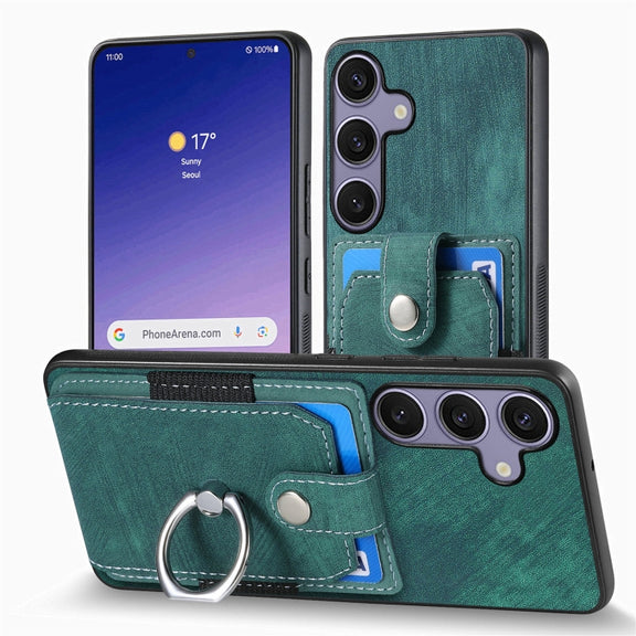 For Samsung Galaxy S25 5G Retro Skin-feel Ring Card Wallet Phone Case(Green)