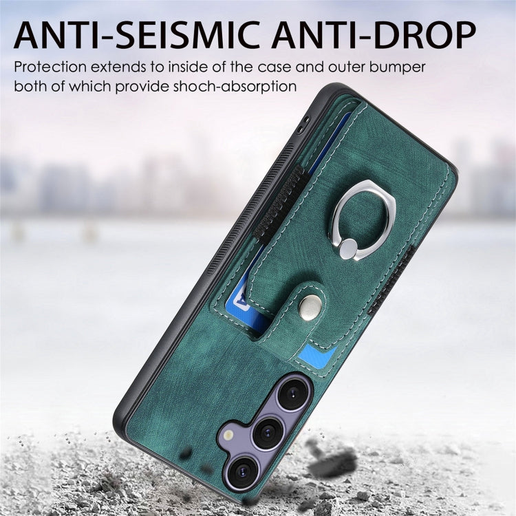For Samsung Galaxy S25 5G Retro Skin-feel Ring Card Wallet Phone Case(Green)