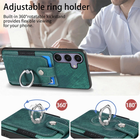 For Samsung Galaxy S25 5G Retro Skin-feel Ring Card Wallet Phone Case(Green)