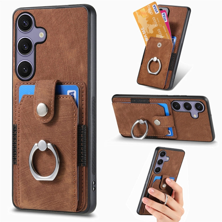 For Samsung Galaxy S25 5G Retro Skin-feel Ring Card Wallet Phone Case(Brown) - Galaxy S25 5G Cases by PMC TechLife | Online Shopping South Africa | PMC TechLife | Buy Now Pay Later Mobicred