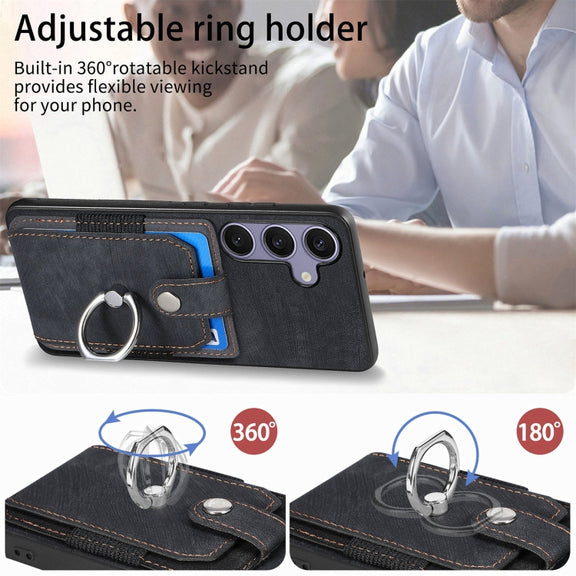 For Samsung Galaxy S25+ 5G Retro Skin-feel Ring Card Wallet Phone Case(Black)