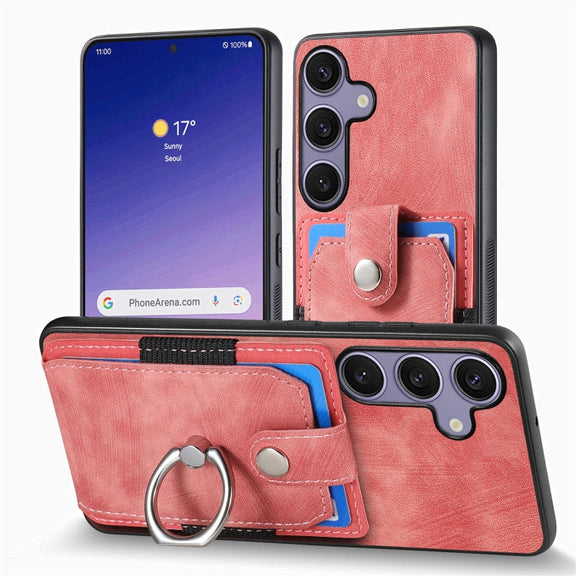 For Samsung Galaxy S25 Ultra 5G Retro Skin-feel Ring Card Wallet Phone Case(Pink)