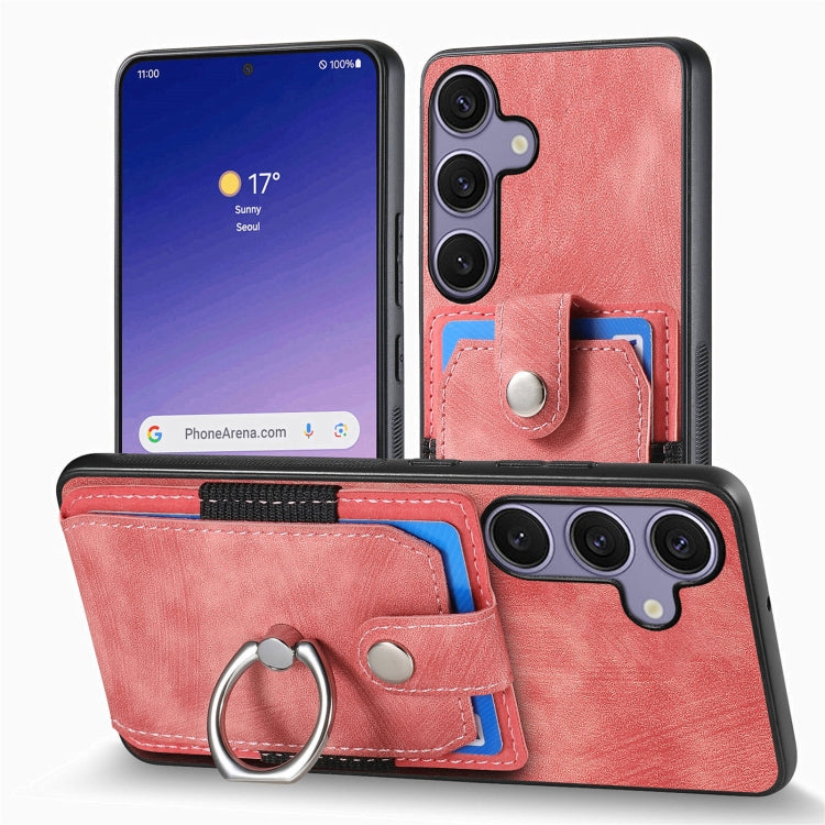For Samsung Galaxy S25 Ultra 5G Retro Skin-feel Ring Card Wallet Phone Case(Pink)