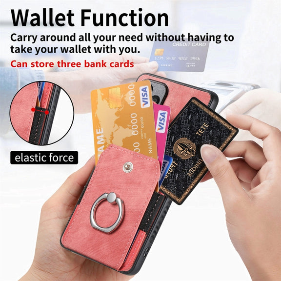 For Samsung Galaxy S25 Ultra 5G Retro Skin-feel Ring Card Wallet Phone Case(Pink)