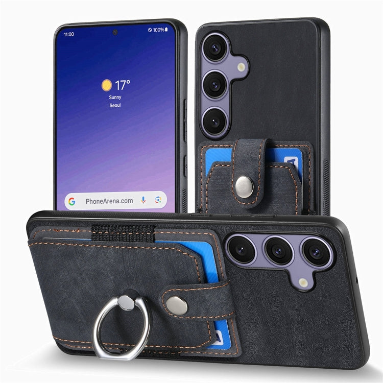 For Samsung Galaxy S25 Ultra 5G Retro Skin-feel Ring Card Wallet Phone Case(Black) - Galaxy S25 Ultra 5G Cases by PMC TechLife | Online Shopping South Africa | PMC TechLife | Buy Now Pay Later Mobicred