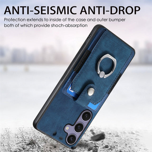 For Samsung Galaxy S25 Ultra 5G Retro Skin-feel Ring Card Wallet Phone Case(Blue)
