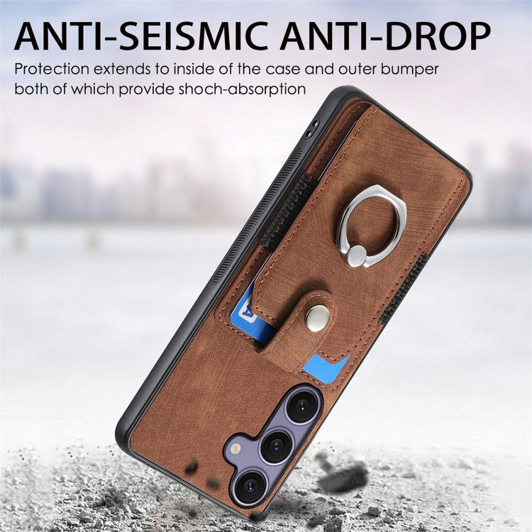 For Samsung Galaxy S25 Ultra 5G Retro Skin-feel Ring Card Wallet Phone Case(Brown) - Galaxy S25 Ultra 5G Cases by PMC TechLife | Online Shopping South Africa | PMC TechLife | Buy Now Pay Later Mobicred