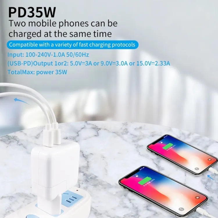 35W PD3.0 USB-C / Type-C Dual Port Charger with 1m Type-C to 8 Pin Data Cable, US Plug