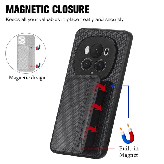For Honor Magic6 Pro Carbon Fiber Magnetic Card Bag Phone Case(Black)