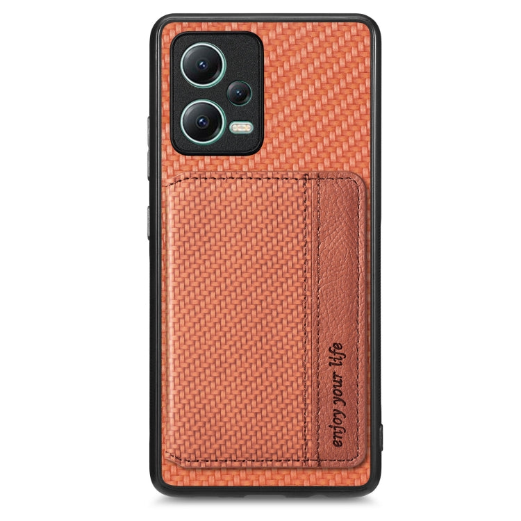 For Redmi Note 12 5G Carbon Fiber Magnetic Card Bag Phone Case(Brown)
