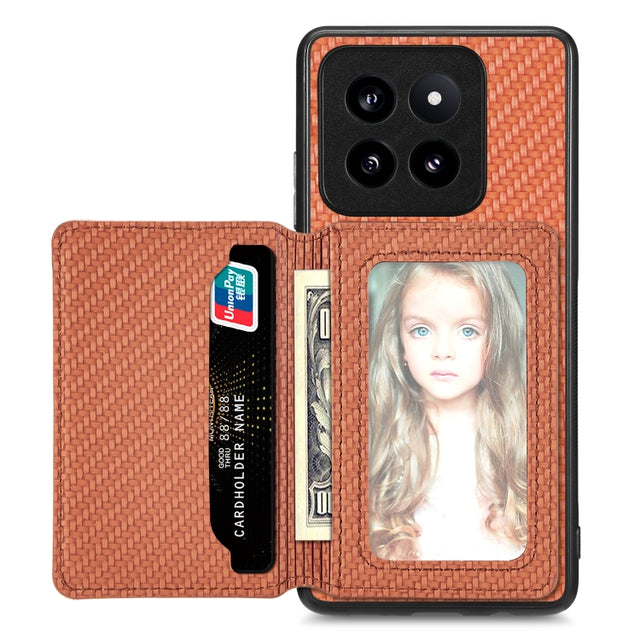 For Xiaomi 14 Pro Carbon Fiber Magnetic Card Bag Phone Case(Brown)