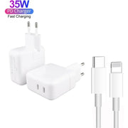 35W PD3.0 USB-C / Type-C Dual Port Charger with 2m Type-C to 8 Pin Data Cable, EU Plug