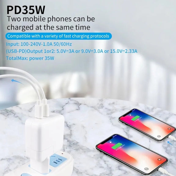 35W PD3.0 USB-C / Type-C Dual Port Charger with 2m Type-C to Type-C Data Cable, EU Plug