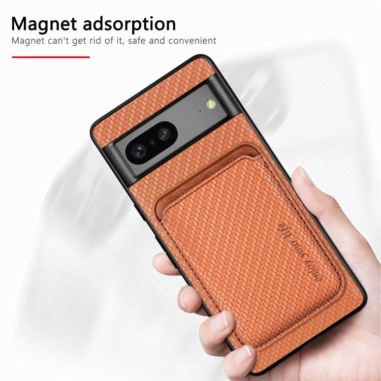 For Google Pixel 7 Carbon Fiber Leather Card Magsafe Phone Case(Khaki)