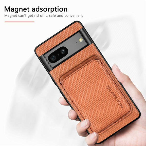 For Google Pixel 7 Carbon Fiber Leather Card Magsafe Phone Case(Khaki)