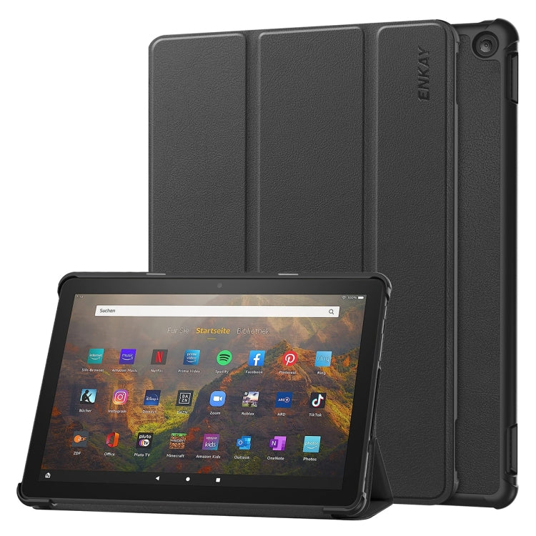 For Amazon Fire HD 10 2023 ENKAY ENKAY Tri-fold Custer Texture Leather Smart Tablet Case(Black) - Amazon by ENKAY | Online Shopping South Africa | PMC TechLife | Buy Now Pay Later Mobicred
