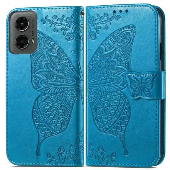 For Motorola Moto G 5G 2024 Butterfly Love Flower Embossed Leather Phone Case(Blue)
