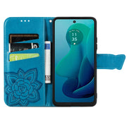For Motorola Moto G 5G 2024 Butterfly Love Flower Embossed Leather Phone Case(Blue)