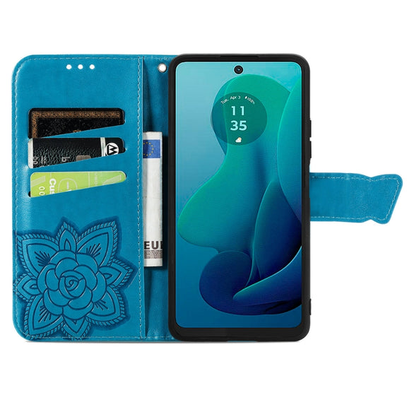 For Motorola Moto G 5G 2024 Butterfly Love Flower Embossed Leather Phone Case(Blue)