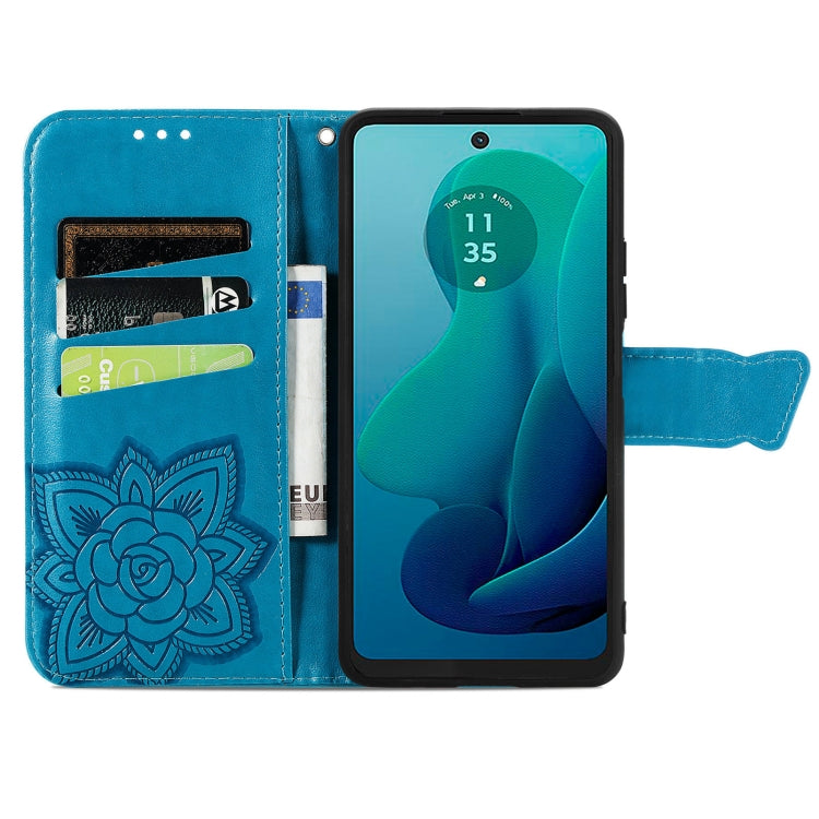 For Motorola Moto G 5G 2024 Butterfly Love Flower Embossed Leather Phone Case(Blue)