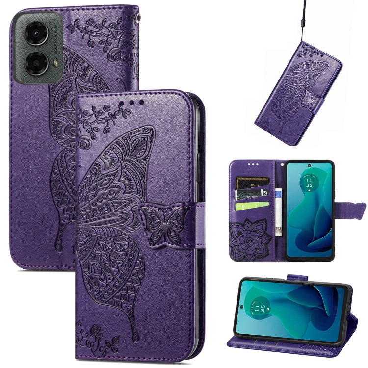 For Motorola Moto G 5G 2024 Butterfly Love Flower Embossed Leather Phone Case(Dark Purple) - Motorola Cases by PMC Jewellery | Online Shopping South Africa | PMC Jewellery | Buy Now Pay Later Mobicred
