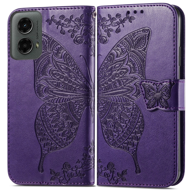 For Motorola Moto G 5G 2024 Butterfly Love Flower Embossed Leather Phone Case(Dark Purple)
