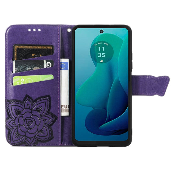 For Motorola Moto G 5G 2024 Butterfly Love Flower Embossed Leather Phone Case(Dark Purple)