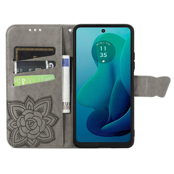 For Motorola Moto G 5G 2024 Butterfly Love Flower Embossed Leather Phone Case(Gray)