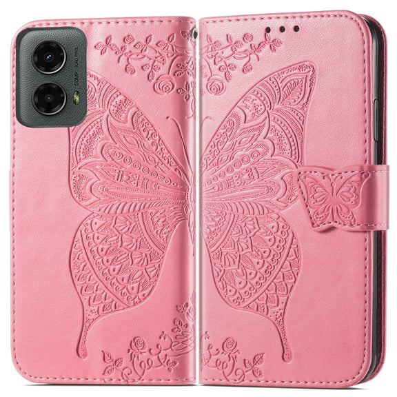 For Motorola Moto G 5G 2024 Butterfly Love Flower Embossed Leather Phone Case(Pink)